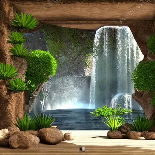 Image similar to Waterfalls and plants in a ancient greek interior,unreal engine,3d render