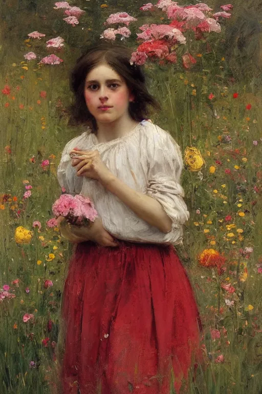 Prompt: Solomon Joseph Solomon and Richard Schmid and Jeremy Lipking victorian genre painting portrait painting of a beautiful young village girl in an open field of flowers, red background