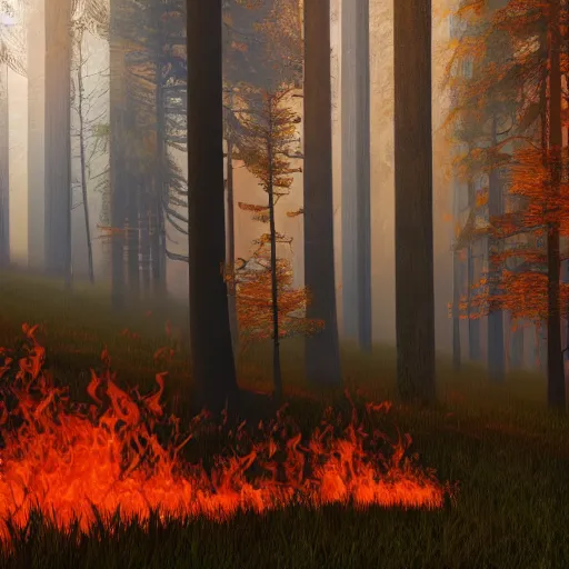 Image similar to Forest in fire landscape, 8k, detailed, concept art