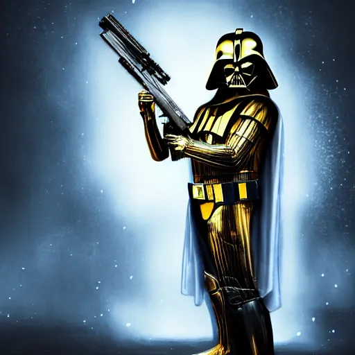 Prompt: gold bordered portrait of darth vader holding a golden ak - 4 7, hyper realistic, surreal, gothic, cyberpunk, nightcore, 4 k, highly detailed, beautifully rendered