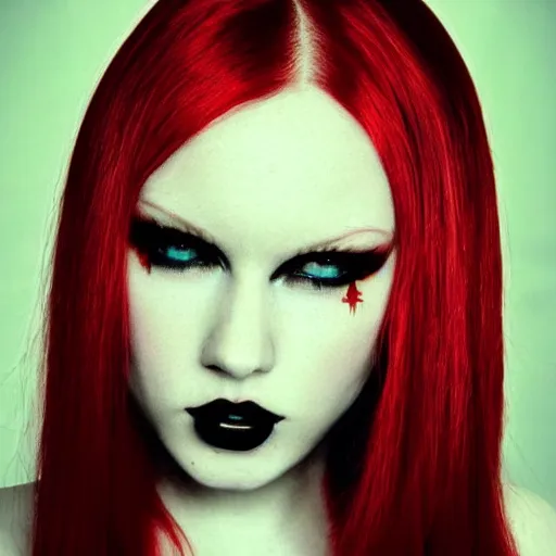 Image similar to modeling photograph kerli koiv, redhead, beautiful, dark, mysterious, bubble goth, detailed face, half body shot