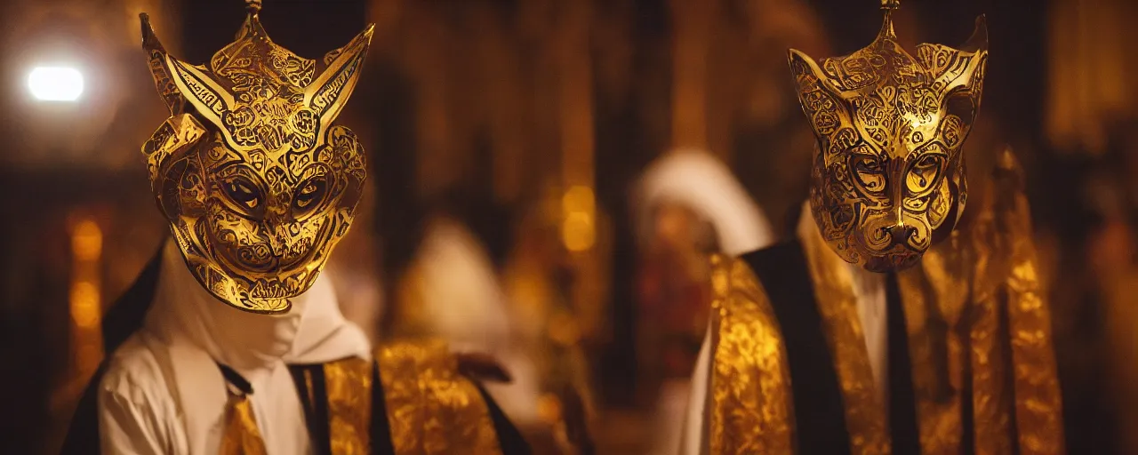 Image similar to orthodox priest wearing cute caracal masks, in orthodox church, orthodox icons, volumetric lighting, twilight, dramatic, noir, blur, bokeh, cinematic, shallow depth of field, 8 0 mm, f 1. 8