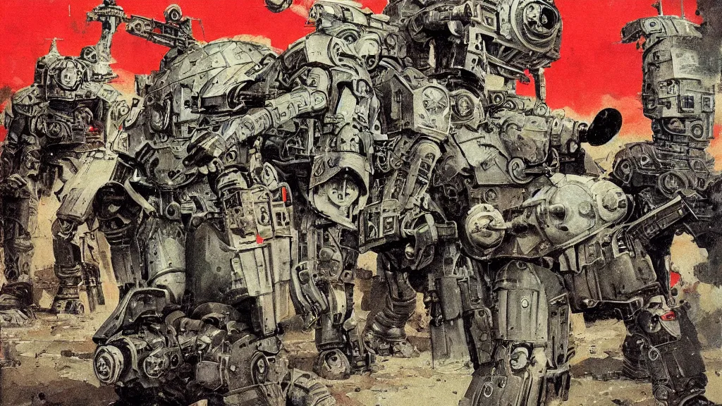 Prompt: Soviet mechs in the style of Norman Rockwell, sci-fi illustrations, highly detailed, intricate, photorealistic, award-winning, patriotic, soviet, ussr, dark, gritty, ink