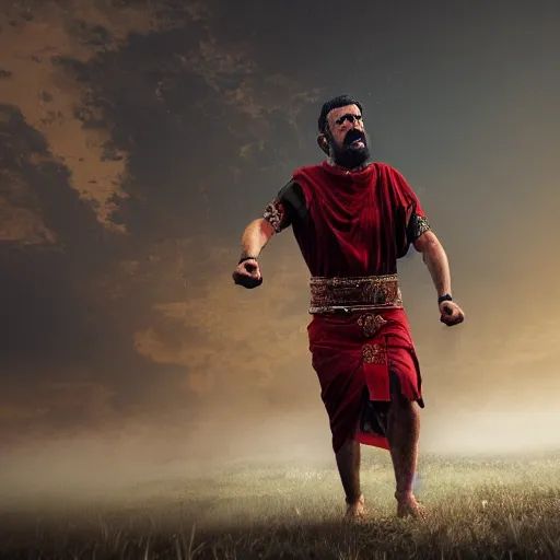 Prompt: photographic portrait of angered Mediterranean skinned man in ancient Canaanite clothing fighting a Mediterranean skinned in ancient clothing, farm field background, sharp detail, hyper realistic, foggy atmosphere, intense facial expression, octane render