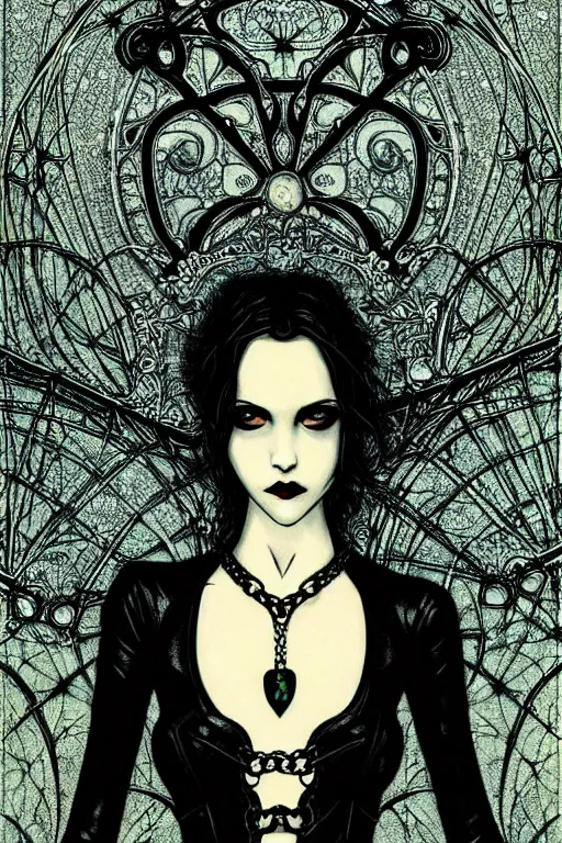 Prompt: dreamy gothic girl, black leather slim clothes, chains, art nouveau, beautiful body, detailed acrylic, grunge, intricate complexity, by dan mumford and by alberto giacometti, peter lindbergh