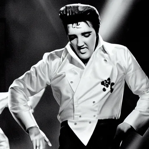 Image similar to black and white photograph of elvis dancing surrounded by aliens