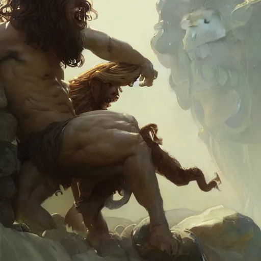 Image similar to Heracles strangling the Nemean Lion, digital painting, detailed, artstation, Krenz Cushart, Greg Rutkowski, Alphonse Mucha, Artgerm