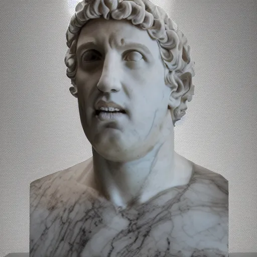 Prompt: a realistic greek white marble statue of adam sandler wearing a ghostly toga, displayed in a museum art gallery, moody, dramatic lighting, dark, photorealistic, cinematic scene, super detailed, hyper realistic, bright lights, 8 k