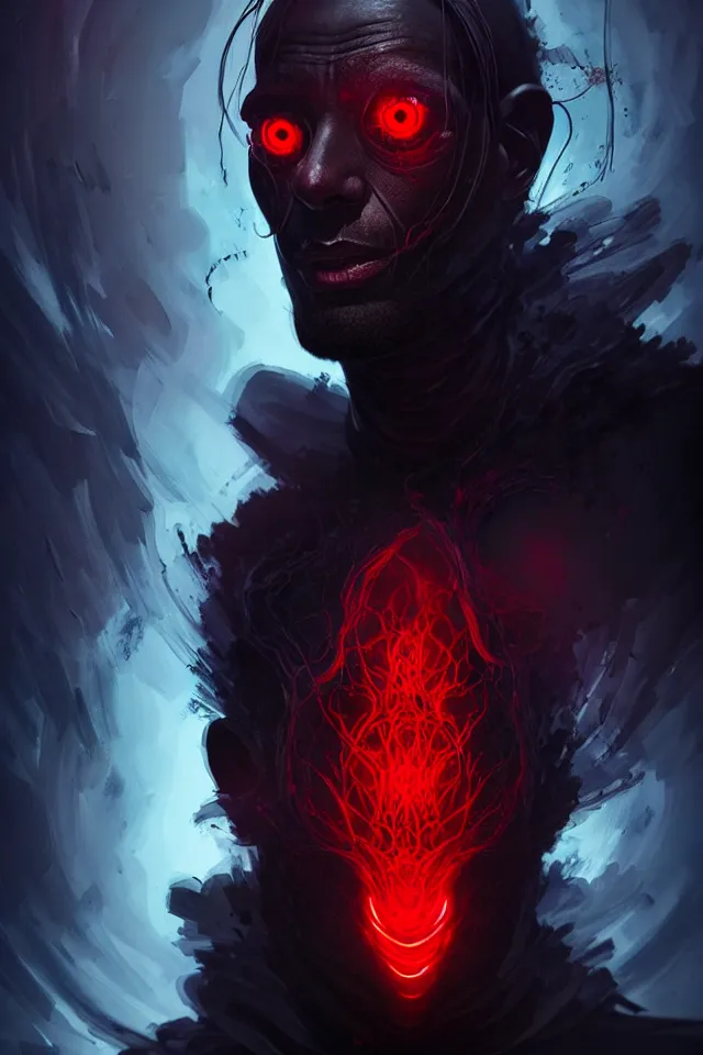 Image similar to a striking portrait of a pitch black eldritch shaman with sinister red eyes by moebius and ross tran and artgerm, trending on artstation, digital art, 4 k resolution, detailed, high quality, sharp focus, hq artwork, insane detail, volumetric lighting, character concept art, fine details