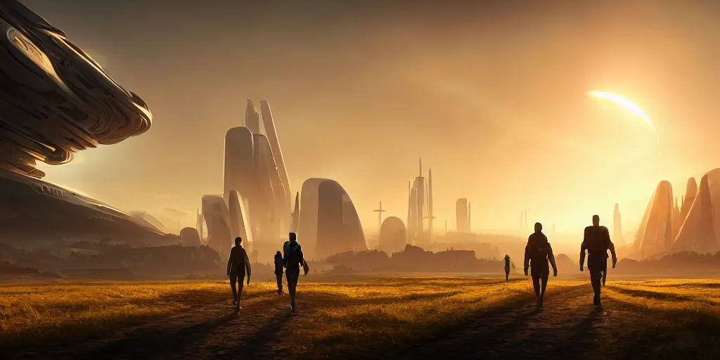 Prompt: A science fiction landscape with two people walking down a road flanked by fields, in the distance a floating futuristic city, golden hour, volumetric light, hyperdetailed, artstation, cgsociety, 8k