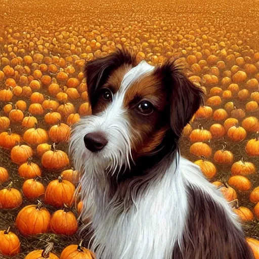 Image similar to a very cute scruffy long haired jack russell terrier puppy, white with chocolate brown spots and a brown patch over both eyes, amidst piles of pumpkins. halloween autumn fall art. beautiful painting by artgerm and greg rutkowski and alphonse mucha