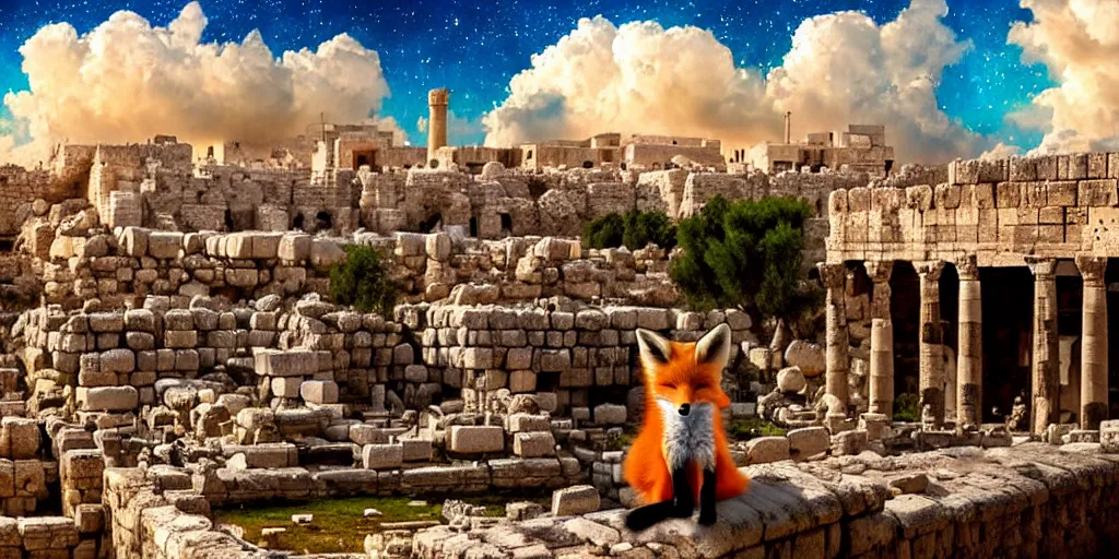 Prompt: a adorable small fox in the huge ruins of the second temple in jerusalem in the distance. the third temple hovers quietly hiding in the dreamy clouds above. a hooded bearded old man in a tunic laughing, colorful 8 k, art station, intricate superb details, digital art, cinematic, bokeh dof sky, an expressionist painting by afremov.