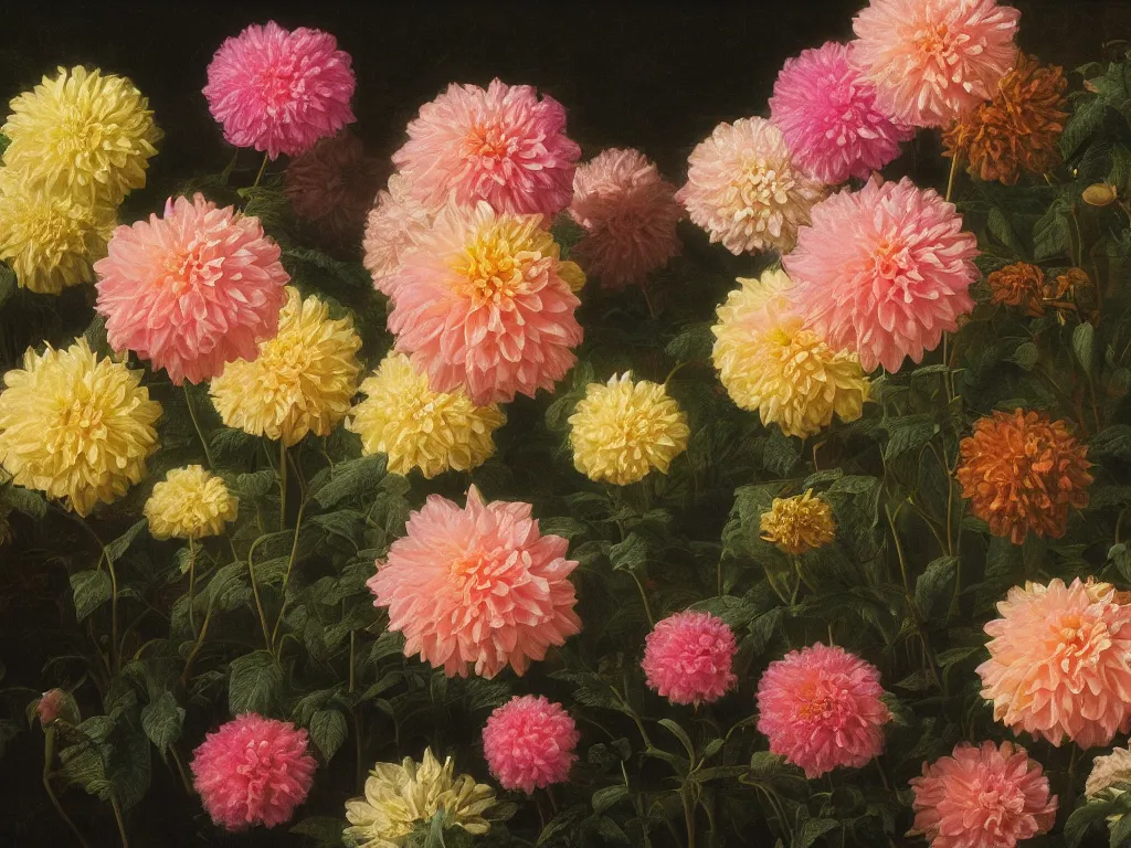 Prompt: Opalescent dahlia garden by Rachel Ruysch and Thomas Cole, 4k, 1978, sunlight study