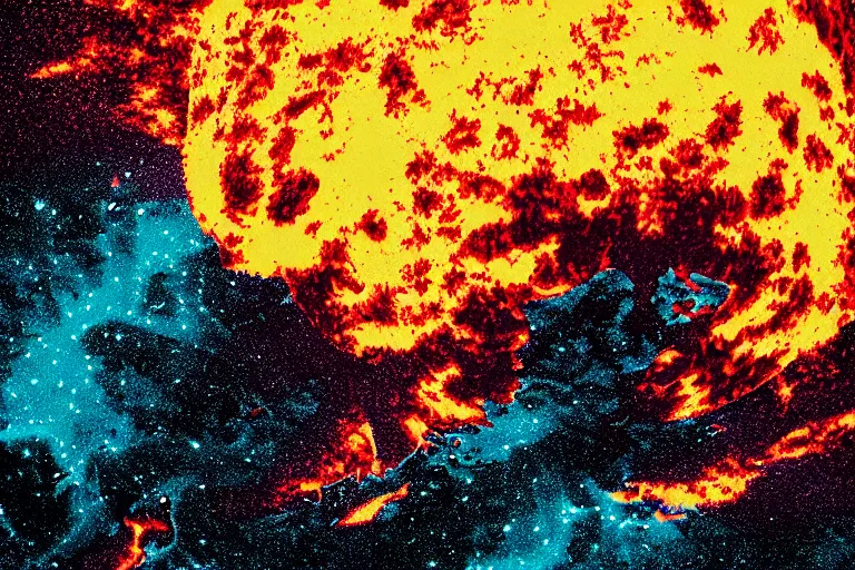 Image similar to flames surrounding planet earth in space,linocut, moody, colorful,Karolis Strautniekas, Mads Berg, stippled light, dramatic lighting,editorial illustration, detailed,fine texture, matte print,dynamic composition,risograph, lomography