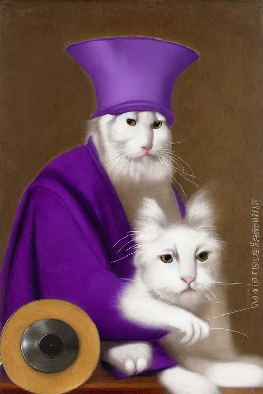 Image similar to a youthful fool in purple robes and a purple jester hat, holding a cute fluffy white cat, listening to records on a turntable, oil on canvas, by ambrosius benson