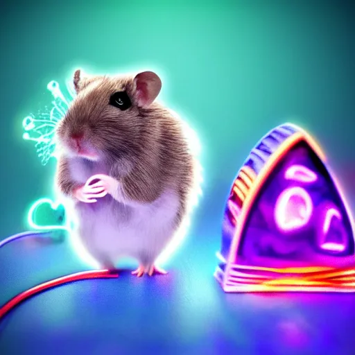 Prompt: cyberpunk hamster holding rainbow gem crystal, neon lights, light reflection, 8 k, hd