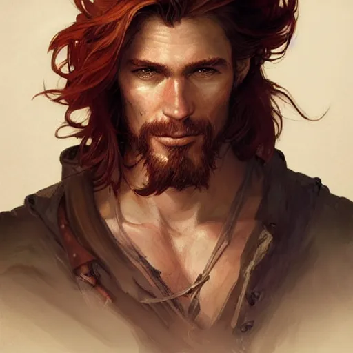 Image similar to portrait of a young ruggedly handsome but charming pirate, male, masculine, upper body, red hair, long hair, d & d, fantasy, intricate, elegant, highly detailed, digital painting, artstation, concept art, matte, sharp focus, illustration, art by artgerm and greg rutkowski and alphonse mucha