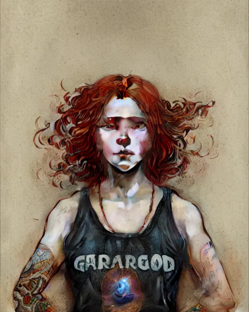 Image similar to portrait of 1 4 - year - old girl with flaming red hair, a lot of freckles, and bright brown eyes, wearing shirt, hyper realistic face, beautiful eyes, fantasy art, in the style of greg rutkowski, intricate, alphonse mucha, hyper detailed, smooth