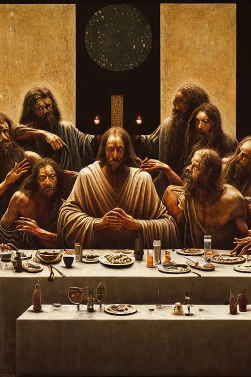 Prompt: hyper realistic painting of the last supper by wayne barlowe, beksinski, hr giger, austin osman spare, bussiere