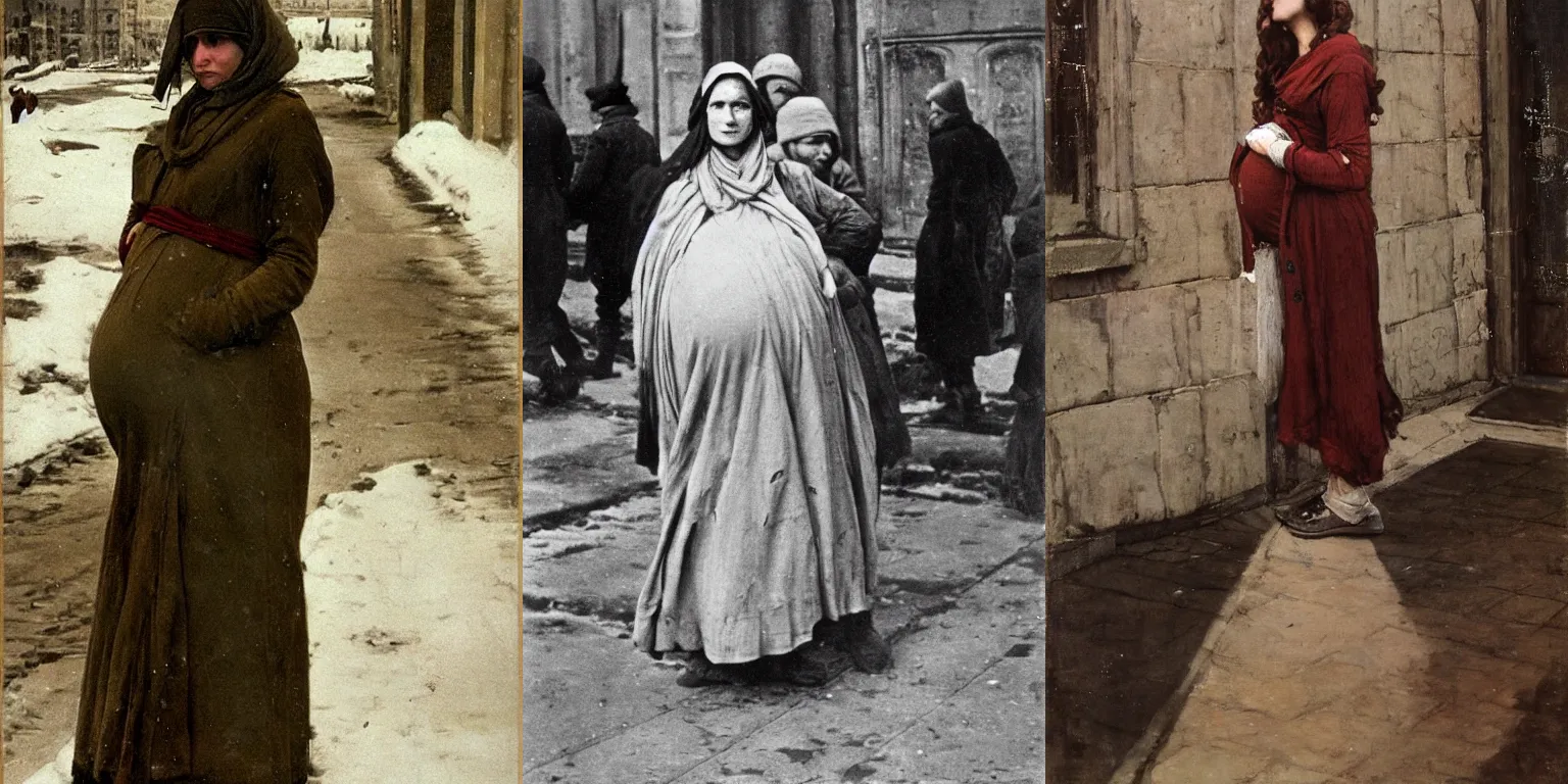 Prompt: full-length portrait of a pregnant woman on the street of besieged Leningrad by John William Waterhouse and Edwin Longsden Long and Theodore Ralli and Nasreddine Dinet, trending on artstation, historically reliable photo chronicle, winter 1941, cinematic, hyper realism, dramatic lighting, high detail 4k