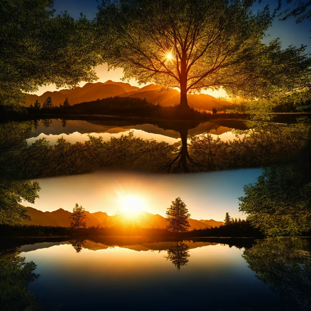 Prompt: big realistic tree near to a river on sunset with reflection on the leaves and mountains in the background, landscape, extremely high fidelity, 8 k, super resolution, cinematic view, super resolution, light rays, lens flare, epic, hyperdetailed