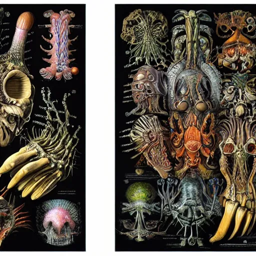 Prompt: A beautifully detailed frontispiece for the Compendium of Alien Anatomy by Ernst Haeckel and Nekro, vivid color, trending on artstation, cgsociety 4K.