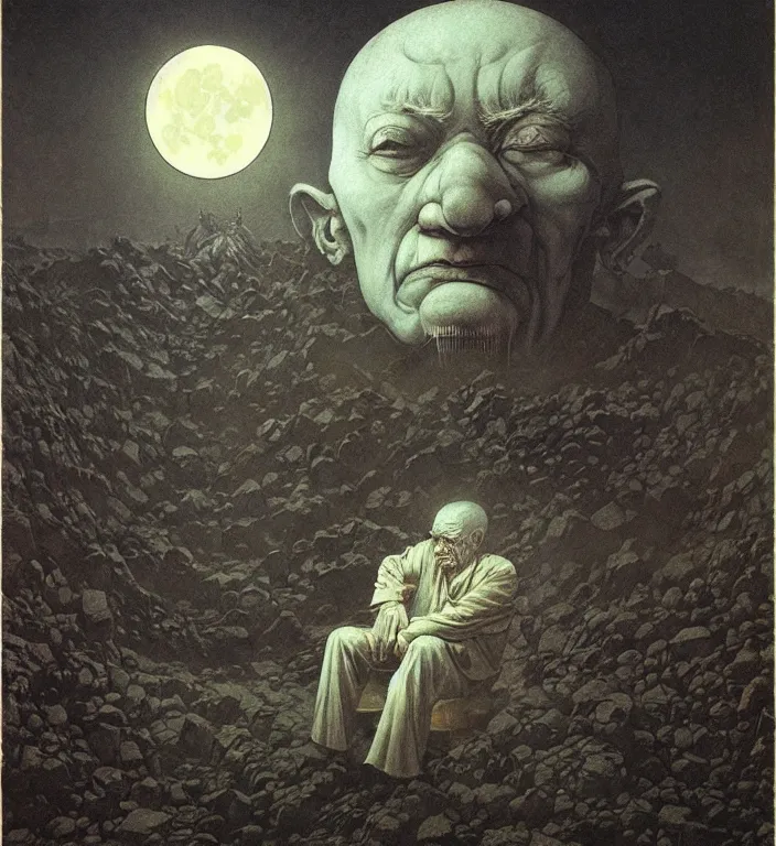 Prompt: old white - headed man under the huge moon on a street of ruined city by beksinski and takato yamamoto and austin osman spare and edward hopper and mark ryden, very coherent, baroque elements