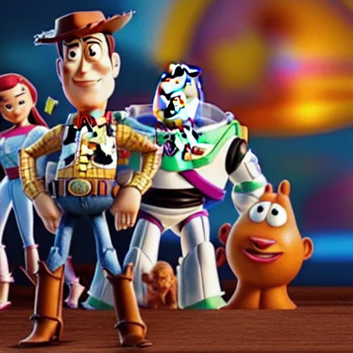 Image similar to cinematic film still of Nicholas Cage in the movie Toy Story, pixar animation