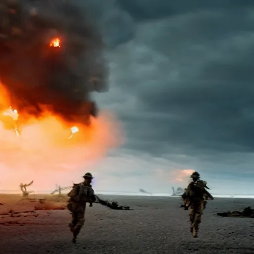 Image similar to soldiers running at the camera during normandy beach landing with fiery explosions and debris in the style of the movie lone survivor, gritty, 4 k, cinematic lighting,