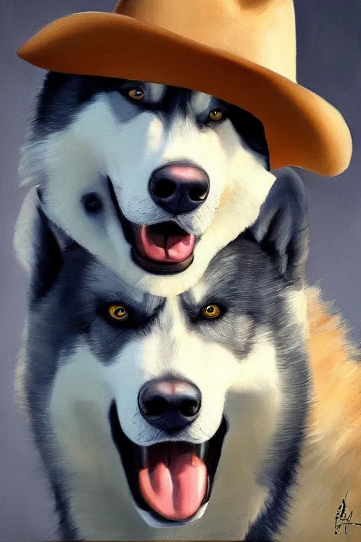 Image similar to a portrait painting of a husky in cowboy costume, wearing a cowboy hat, [ western film ], humanoid, personify, anthropomorphic, trending on artstation