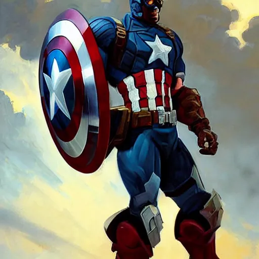 Image similar to greg manchess portrait painting of heavily armored captain america as overwatch character, totally whack, medium shot, asymmetrical, profile picture, organic painting, sunny day, matte painting, bold shapes, hard edges, street art, trending on artstation, by huang guangjian and gil elvgren and sachin teng