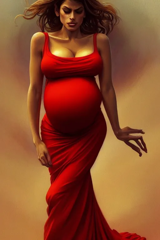 Prompt: pregnant eva mendes in a red dress, realistic portrait, symmetrical, highly detailed, digital painting, artstation, concept art, smooth, sharp focus, illustration, cinematic lighting, art by artgerm and greg rutkowski and alphonse mucha