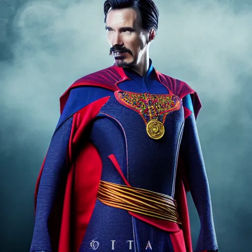 Image similar to conceptual barcelona uniform with doctor strange design, photography, filmic, cinematic, glamor shot