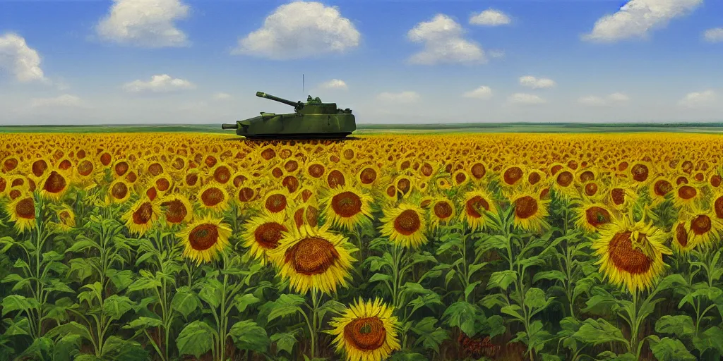 Image similar to an eastern front battlefield landscape, summertime, shell craters, single smoking destroyed tank, sunflower field, digital oil painting