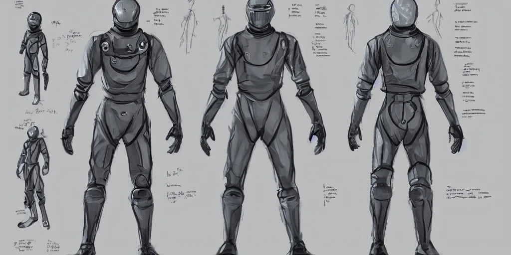 Image similar to male, space suit, character sheet, concept art, stylized, large shoulders, long thin legs, exaggerated proportions, concept design