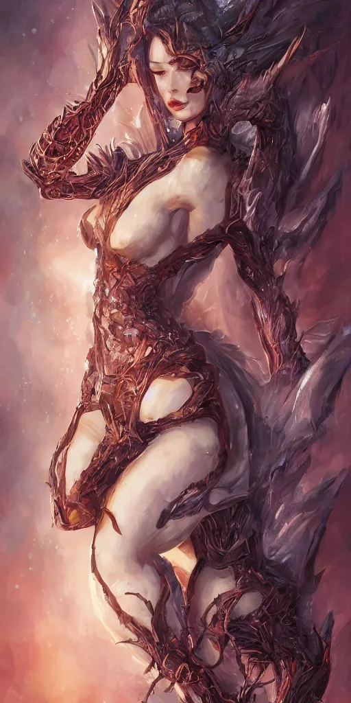 Prompt: 3/4 body portrait of the firedragon queen by artgerm, Dragon in dragon lair, HD, full body dragon concept, flying dragon, Human body with dragon features, beautiful queen, perfect face, fantasy, intricate, elegant, highly detailed, digital painting, artstation, concept art, smooth, sharp focus, illustration, ray tracing, 4k realistic 3d rendered portrait, soft shading, soft colors, relaxed colors, hyperdetailed, wide angle lens, fantasy, futuristic horror, armor style of giger