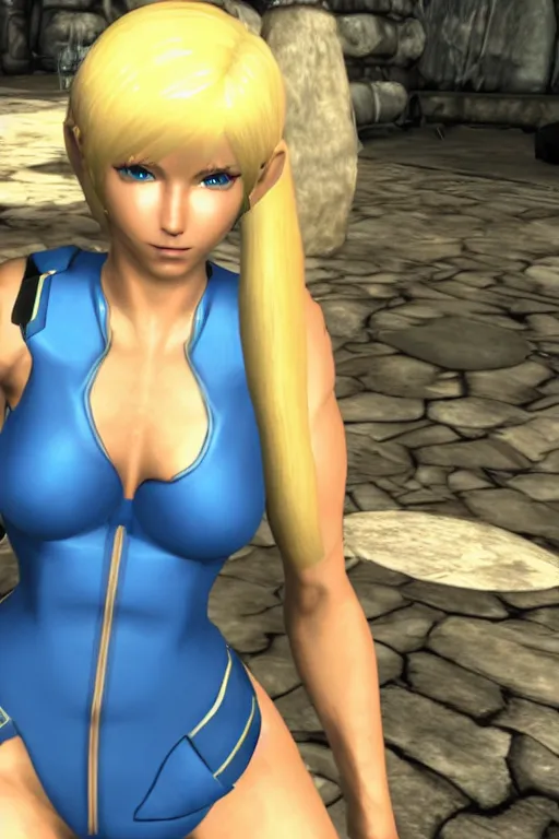 Image similar to in game footage of zero suit samus in skyrim, skyrim art style.