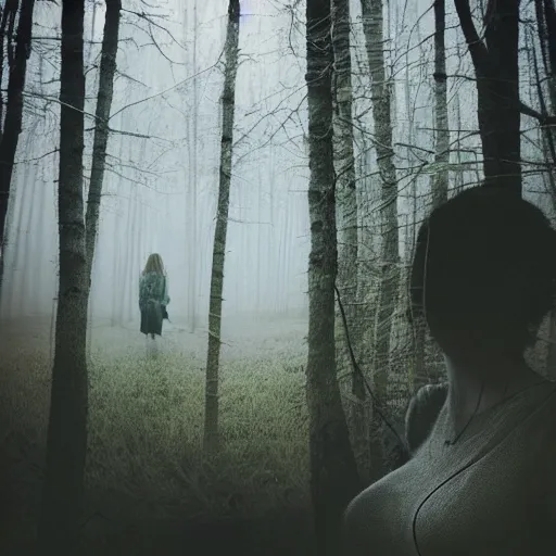 Prompt: woman in forest, double exposure photography, photorealistic, twilight, fog, haunted