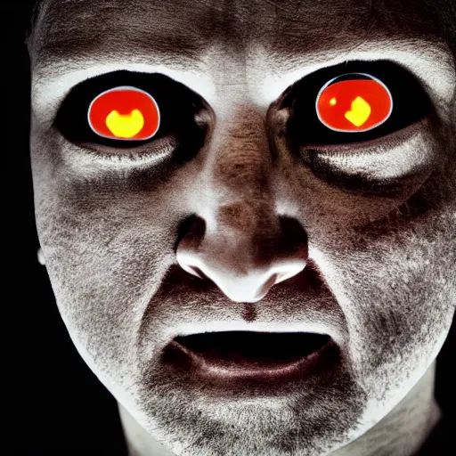 Image similar to man with headlights for eyes, horror, horror movie, scary, creepy, nighttime, dark