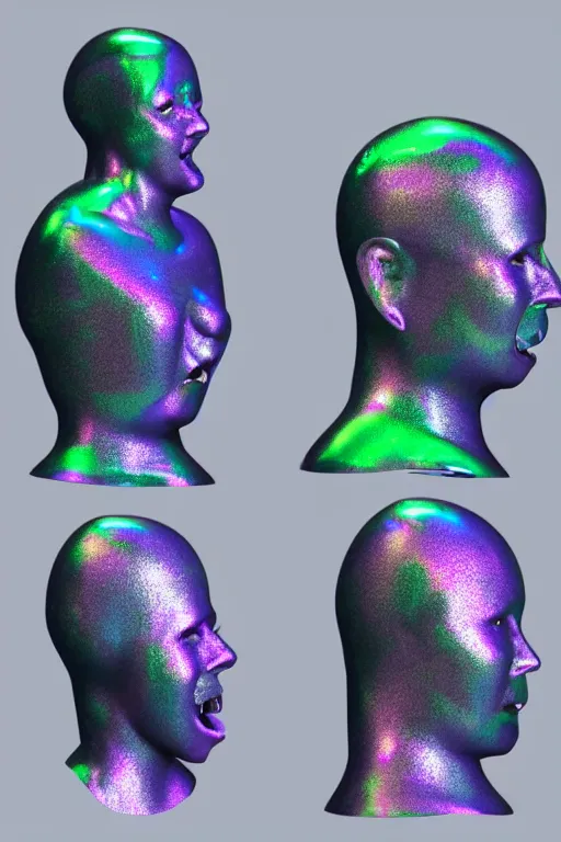 Image similar to 3d render of holographic angry human robotic screaming angry bust made of glossy iridescent, screaming, bust, surrealistic 3d illustration of a human non-binary, non binary model, 3d model human, cryengine, made of holographic texture, holographic material, holographic rainbow, concept of cyborg and artificial intelligence