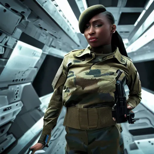 Image similar to a futuristic female soldier with brown skin and short hair in a spaceship