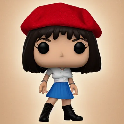 Image similar to Elmiira; funko pop of girl with short brown hairm, wearing a beret; white shirt; funko pop