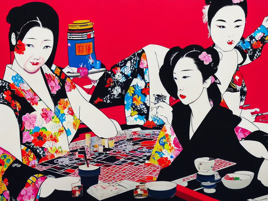 Image similar to hyperrealistic composition of the detailed woman in a japanese kimono sitting at a poker table with detailed darth vader, fireworks, mount fuji on the background, pop - art style, jacky tsai style, andy warhol style, acrylic on canvas