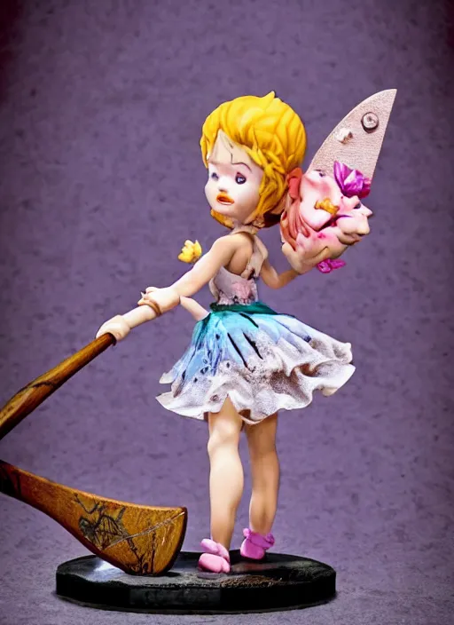 Prompt: an ominous femo figurine of a cute funny axe wielding fairy with freckles wearing a frilly floral torn dress featured on left 4 dead by studio ghibly and disney, carrying a woodcutter's hatchet, dark and moody, wide angle, dynamic dancing pose, 🎀 🪓 🧚