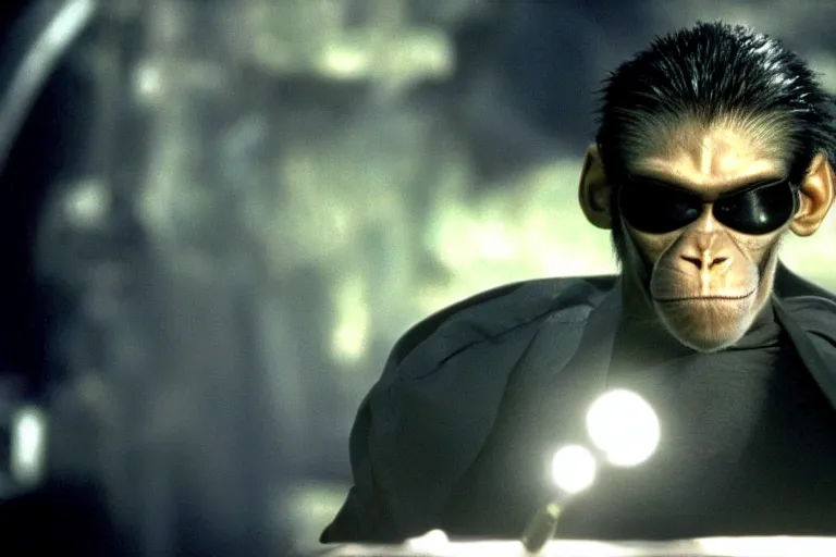 Image similar to a monkey starring as Neo on the matrix (1999), cinematic lighting, movie still