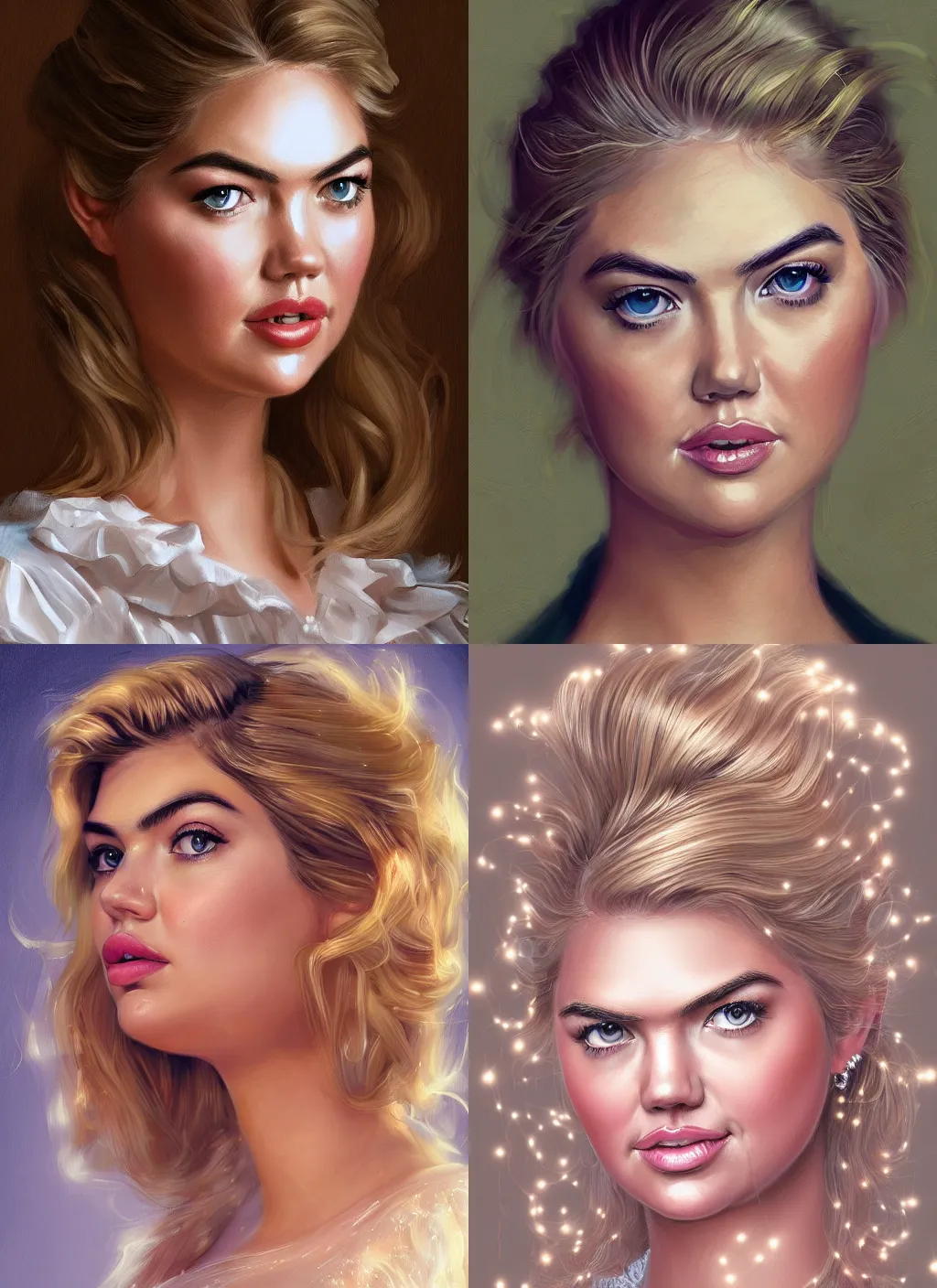 Prompt: portrait of kate upton wearing a ruffled blouse, 1 9 8 0 s, elegant, glowing lights, highly detailed, digital painting, artstation, smooth, sharp focus, illustration