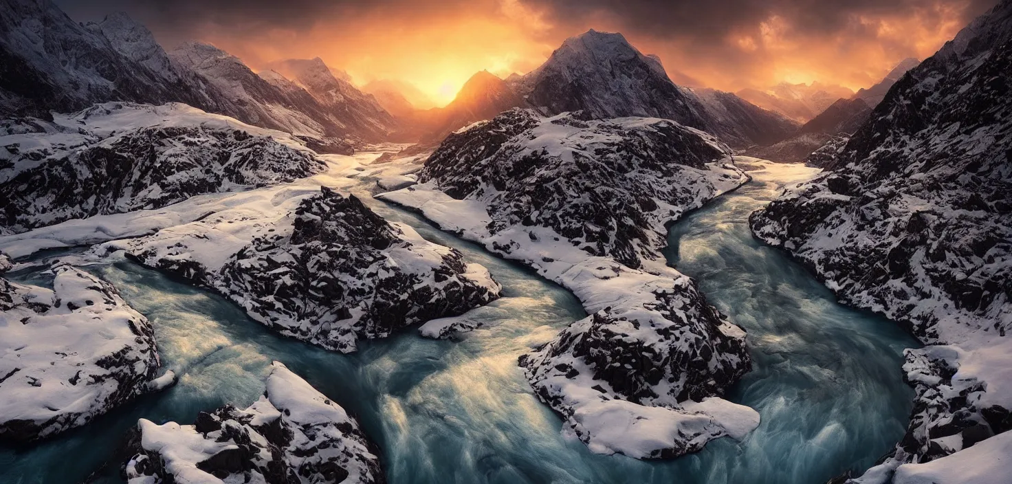 Image similar to amazing landscape photo of snowy mountains with river in sunset by max rive, beautiful dramatic lighting
