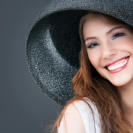 Image similar to a photo of a young pretty woman smiling with an oversized witch hat, photorealistic, high definition