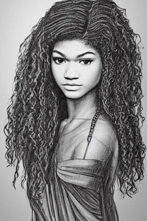 Prompt: a portrait of zendaya in the style of leonardo da vinci drawing,, single head, no double head,