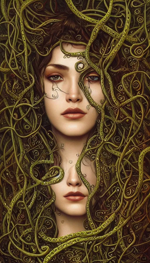 Prompt: very detailed portrait of a 2 0 years old girl surrounded by tentacles, the youg woman visage is blooming from fractal and vines, by karol bak